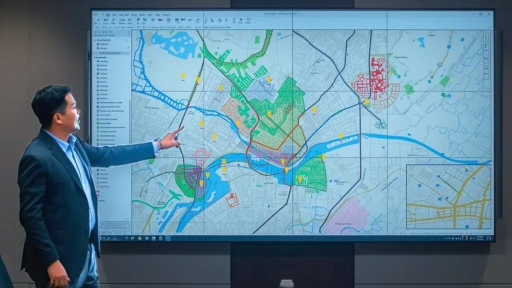 A man points at a city map with marked areas on a large screen